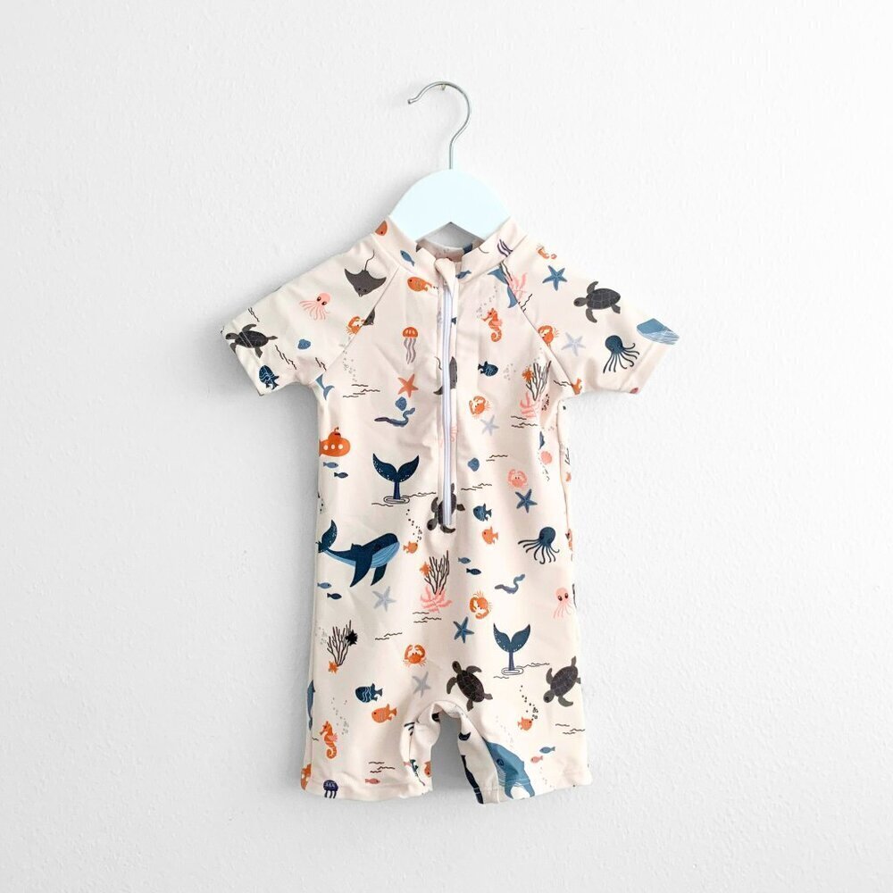 NWT Cute Boys One-Piece Swimsuit Short Sleeve Swimwear Summer Under the Sea 3-6M